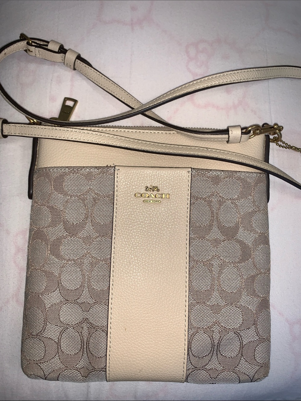 Coach Signature Khaki and Beige Crossbody with Gold Hardware